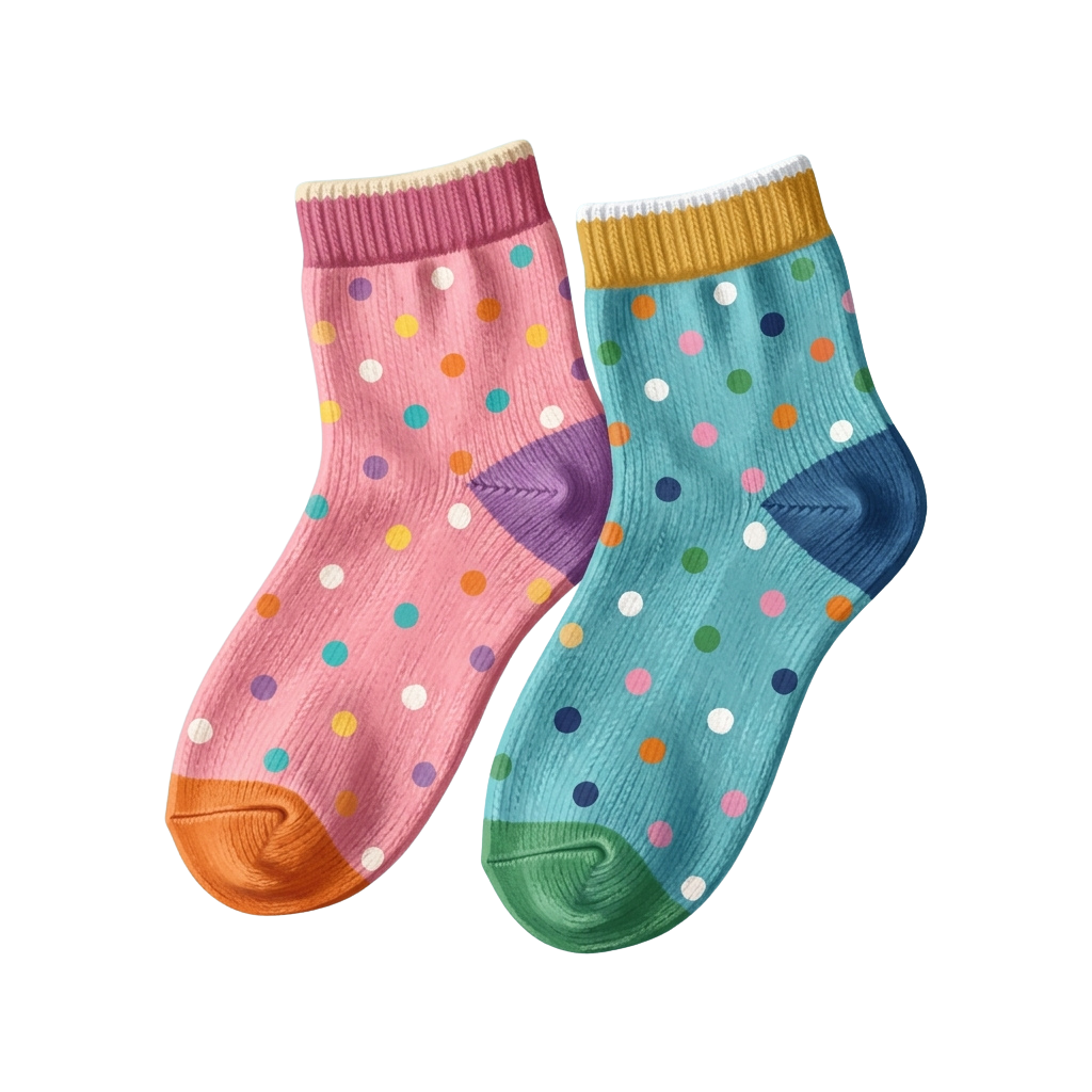 Two pairs of children's socks with multicolored polka dots, one pink and one teal, featuring contrasting orange and green toe and heel sections.