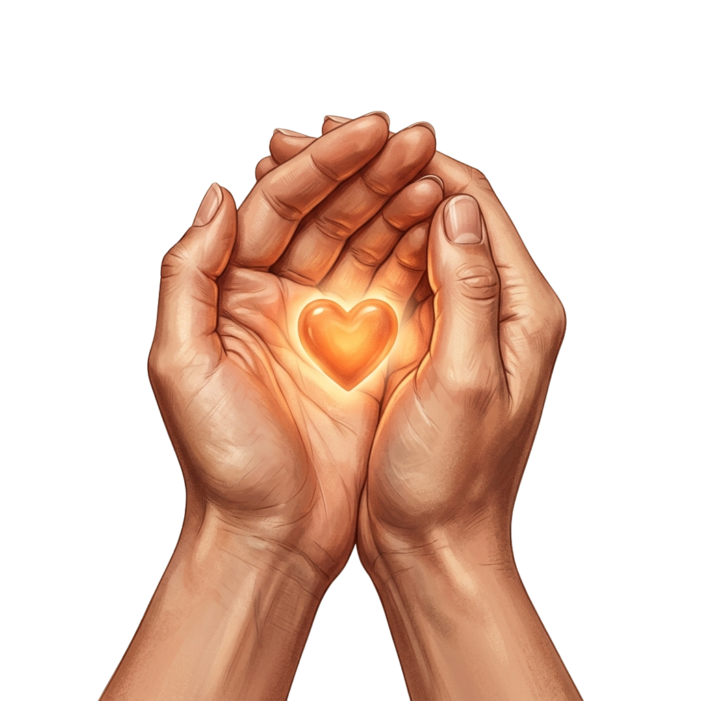 Two hands gently holding a glowing heart shape between them