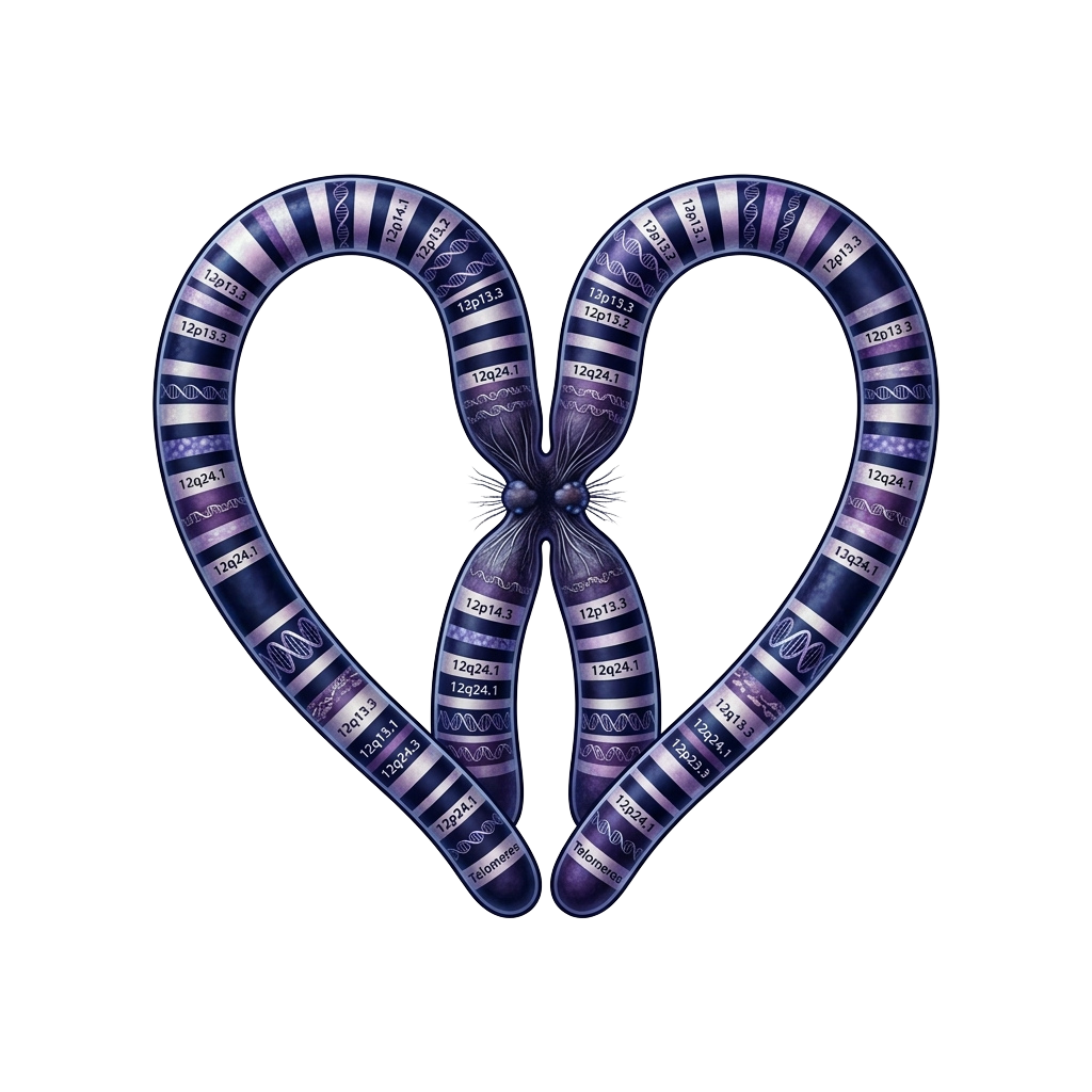 Two chromosome 12 pairs shaped into a heart with genetic markers labeled.