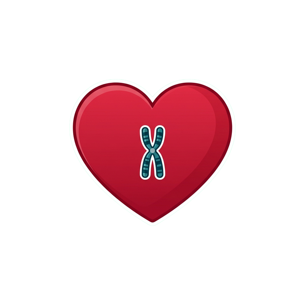 A red heart shape containing a blue chromosome X symbol inside it