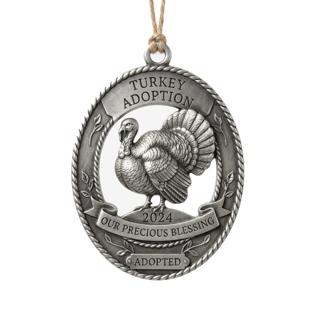Oval metal ornament featuring a turkey with text reading Turkey Adoption, Our Precious Blessing, and Adopted for 2024