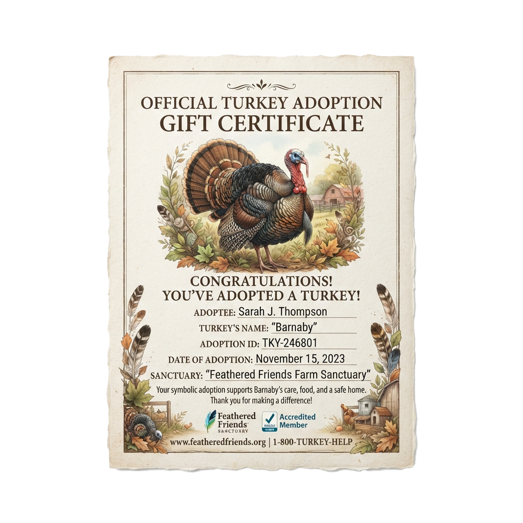 Certificate celebrating turkey adoption with an illustration of a turkey named Barnaby and adoption details