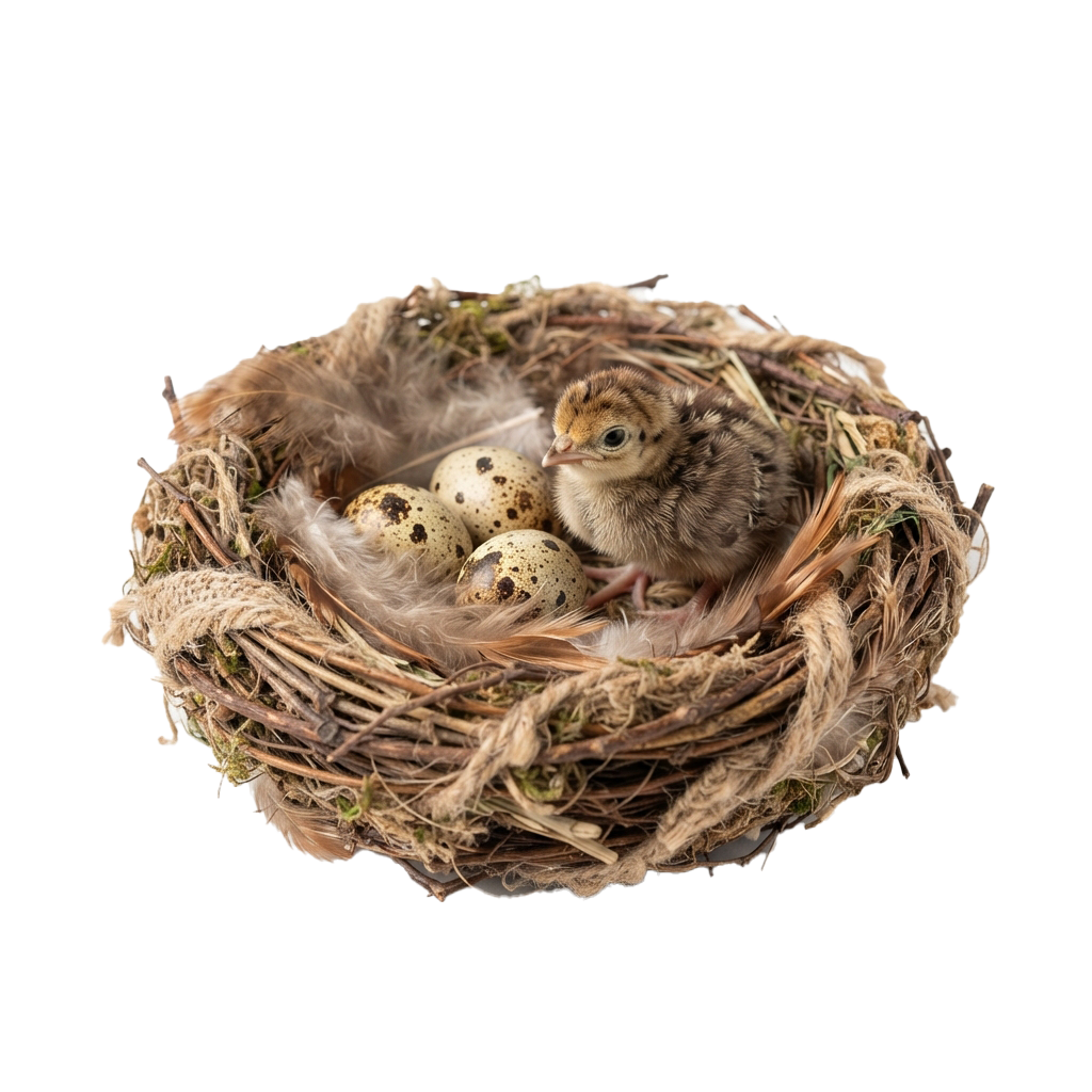A baby bird sitting in a nest with three speckled eggs and soft nesting materials