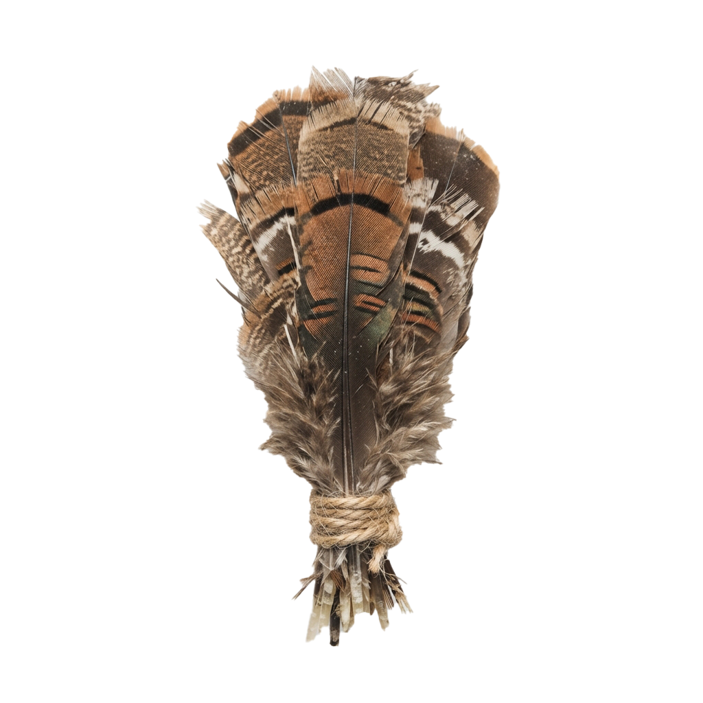A fan of brown and white feathers tied together with twine against a black background