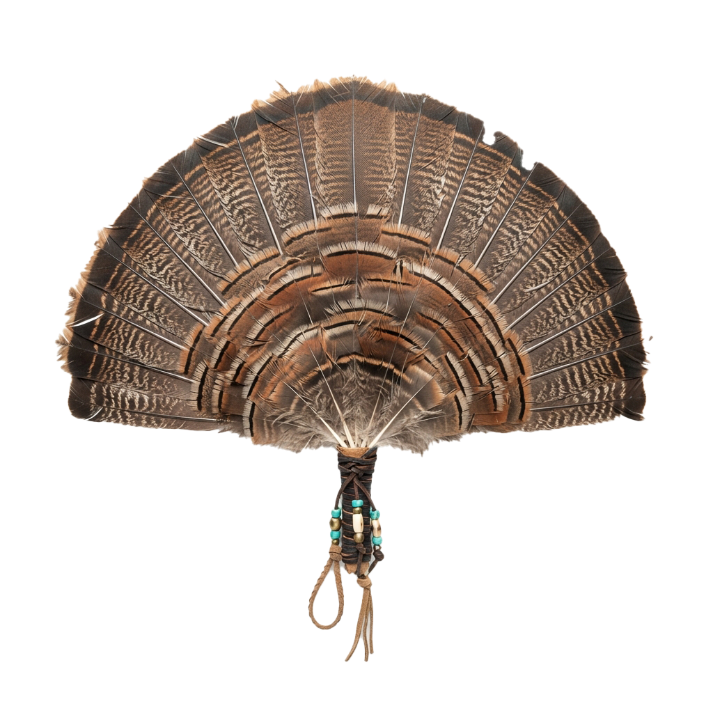 A decorative fan made from turkey feathers attached to a beaded handle.