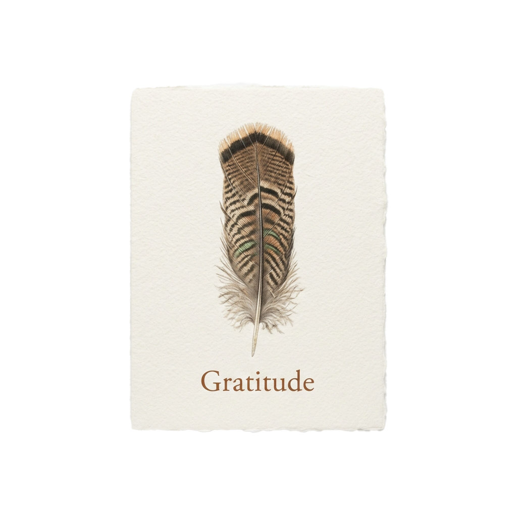 Illustration of a feather with the word Gratitude written beneath it