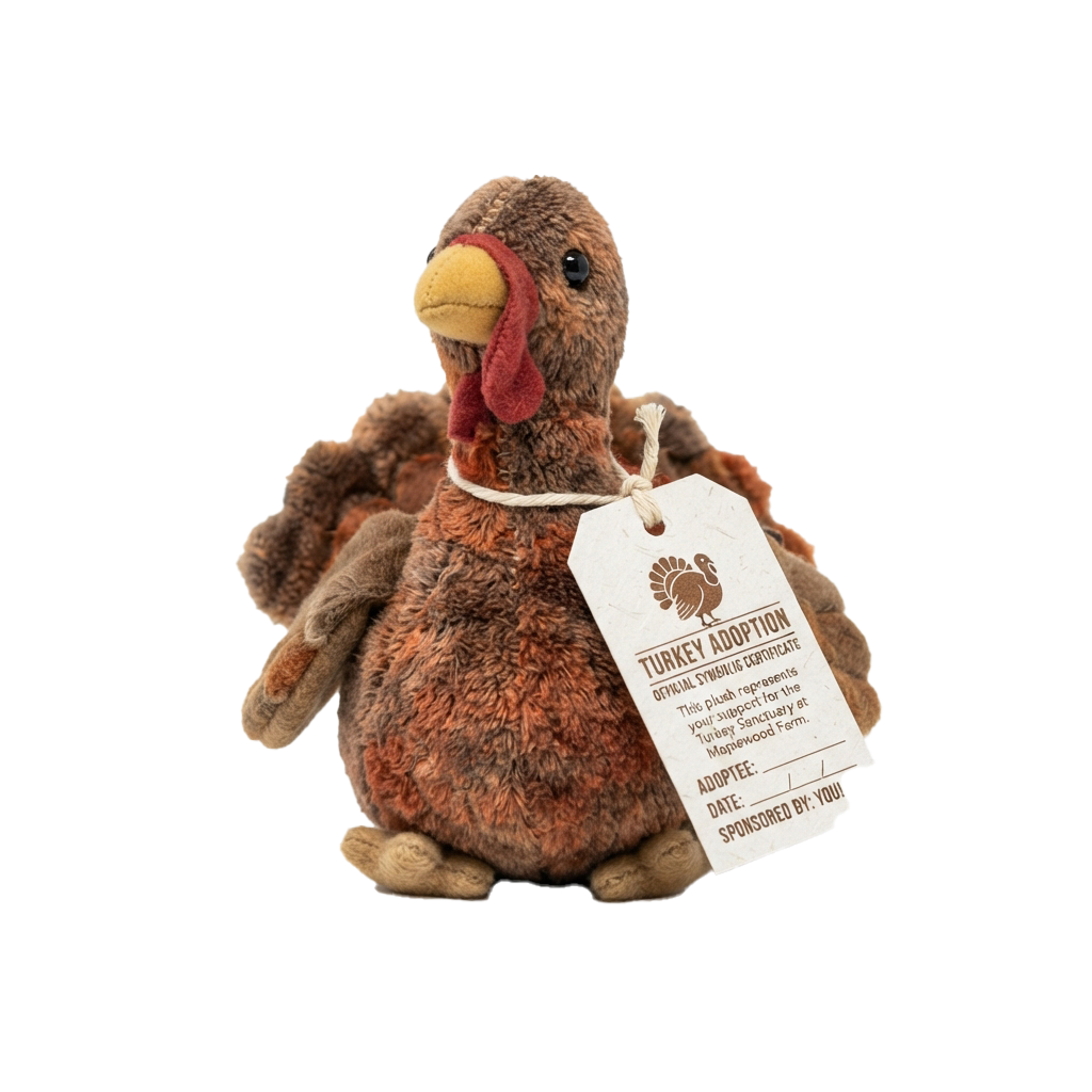 A brown stuffed turkey plush toy wearing a certificate tag labeled Turkey Adoption