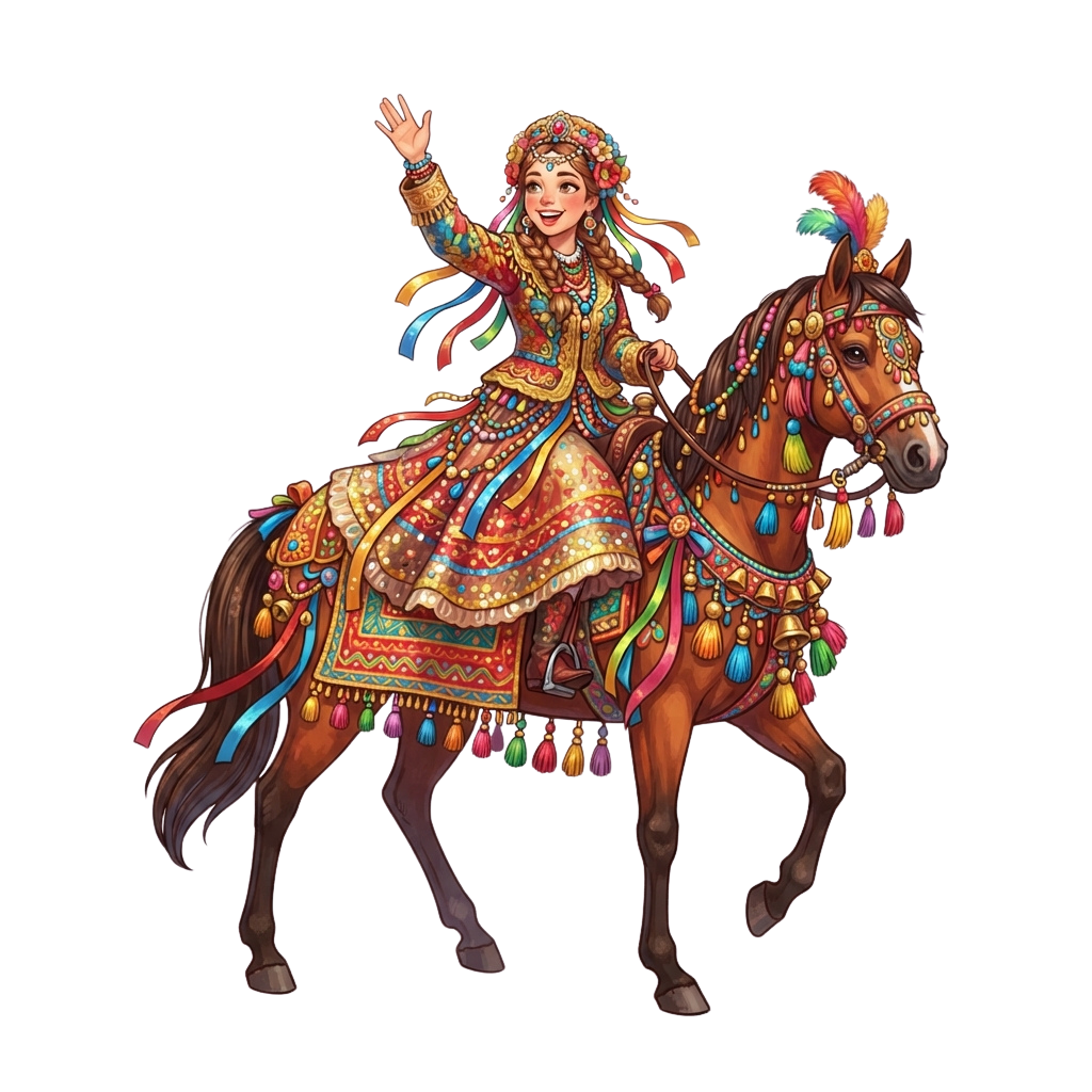 Illustration of a person in traditional vibrant attire riding a richly decorated horse waving one hand