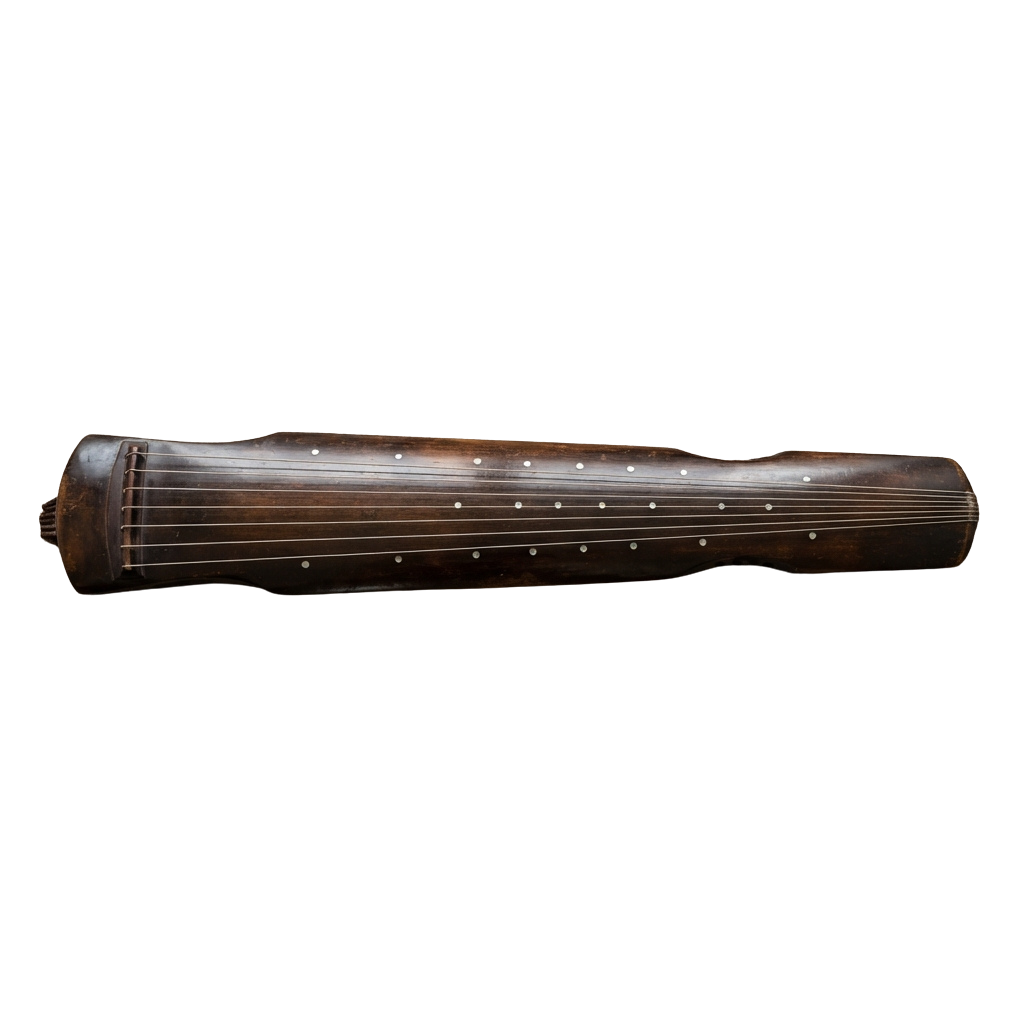 A traditional wooden guqin with 13 strings and tuning pegs.