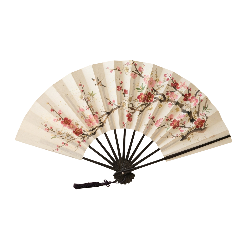 Decorative fan featuring cherry blossom branches and pink flowers on a light background