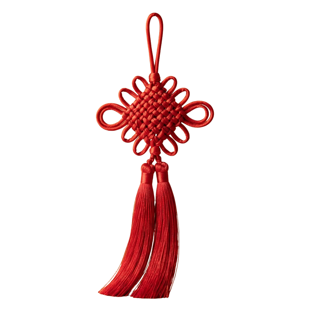 A red Chinese knot decoration with a tassel hanging against a black background