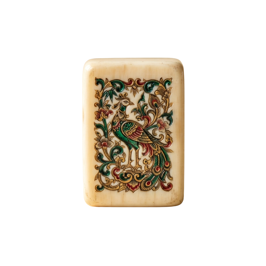 A rectangular piece of carved ivory soap featuring a colorful peacock surrounded by floral patterns.
