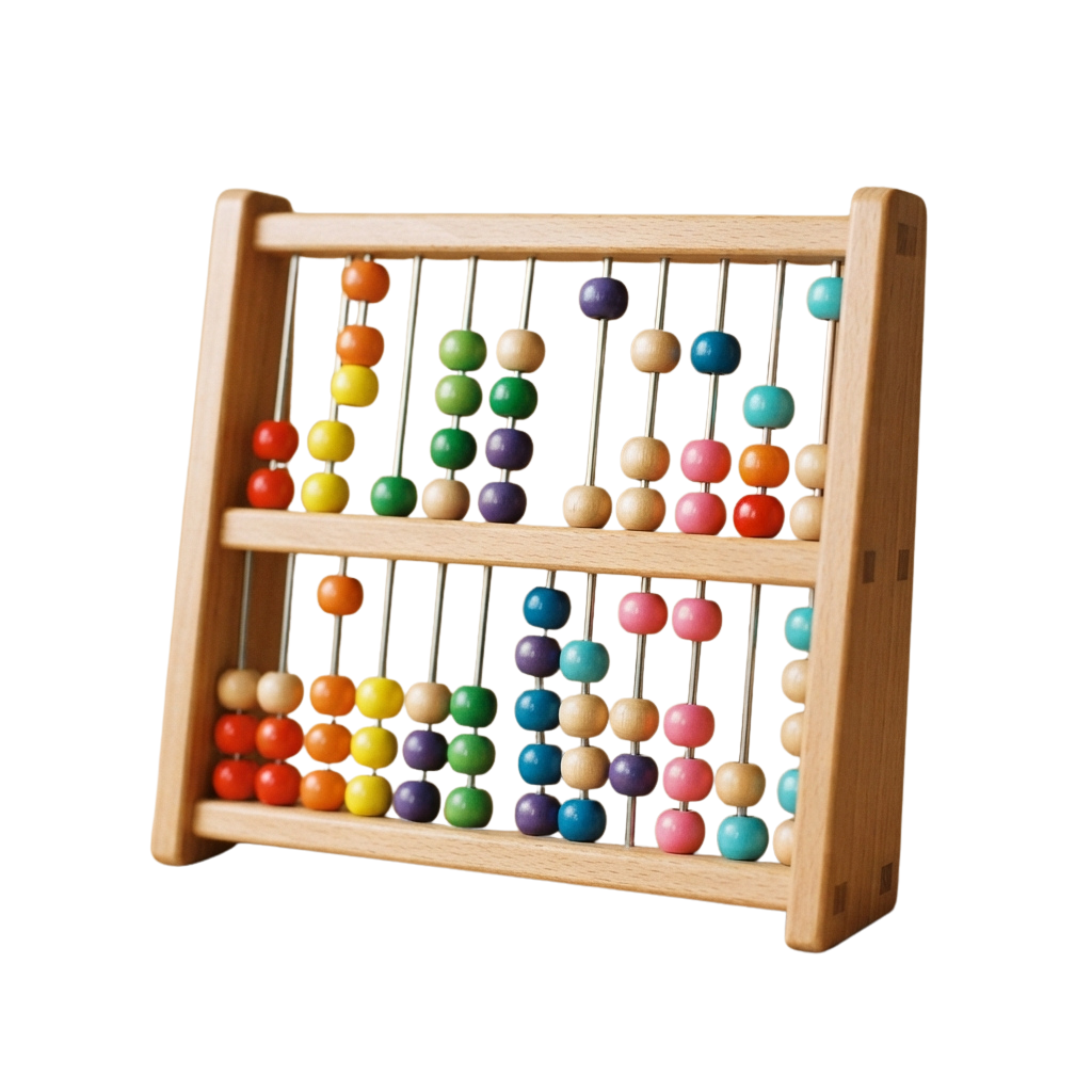 A wooden abacus with two rows of colorful beads on vertical rods