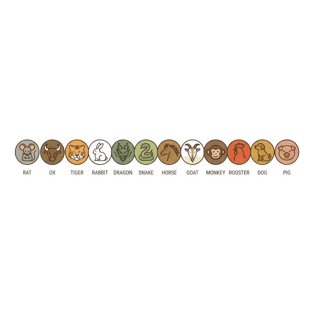 Round icons of twelve Chinese zodiac animals: rat, ox, tiger, rabbit, dragon, snake, horse, goat, monkey, rooster, dog, pig