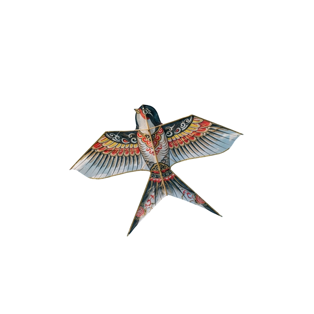A decorative bird kite with intricate red, yellow, and blue patterns on its wings and tail, set against a black background.