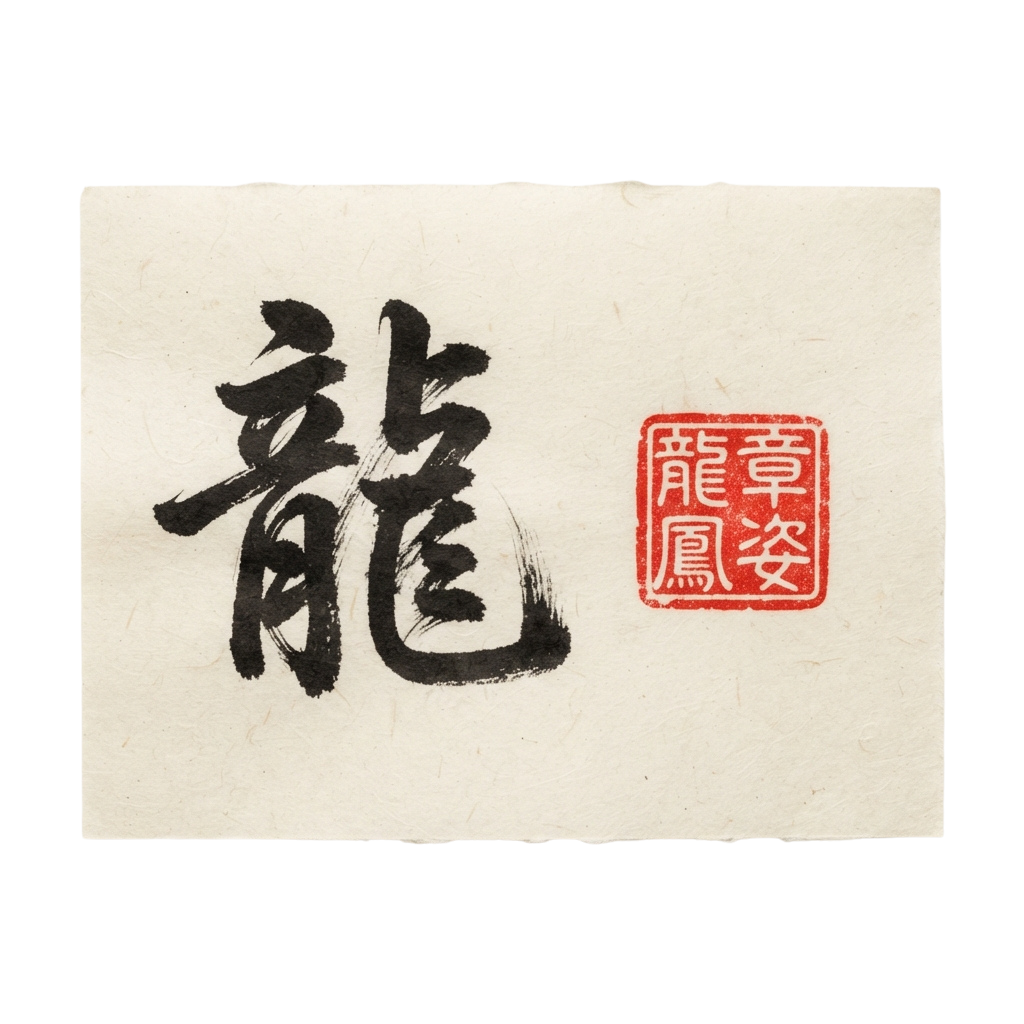 Black ink calligraphy of the Chinese character for dragon with a red artist stamp