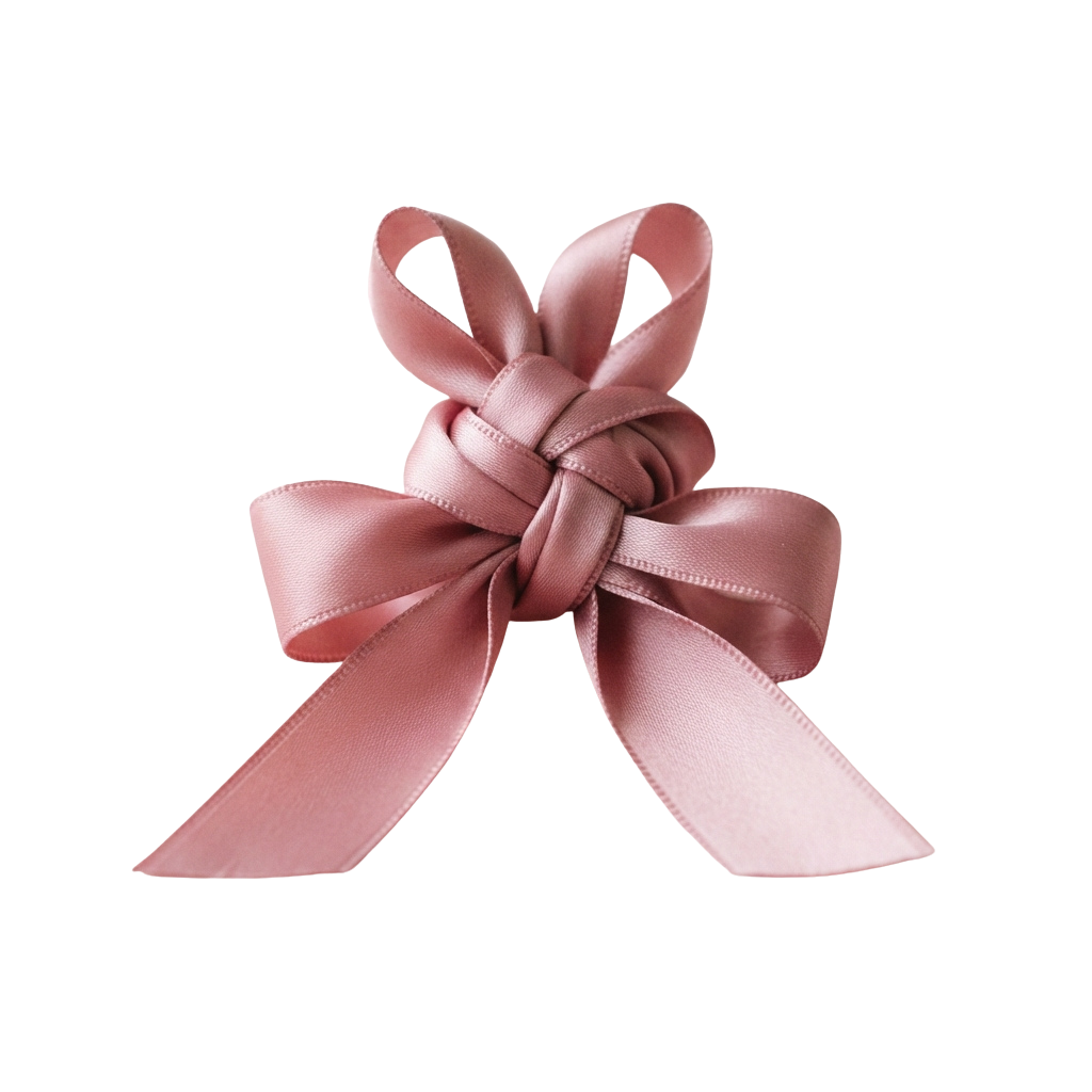 A neatly tied pink satin bow with two loops on a black background