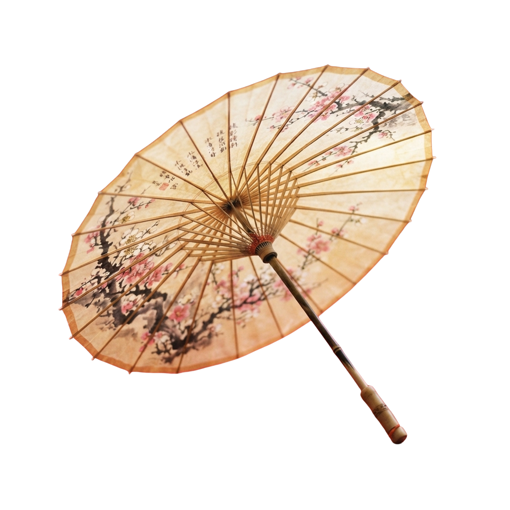 Open traditional paper umbrella with floral artwork and bamboo ribs against black background