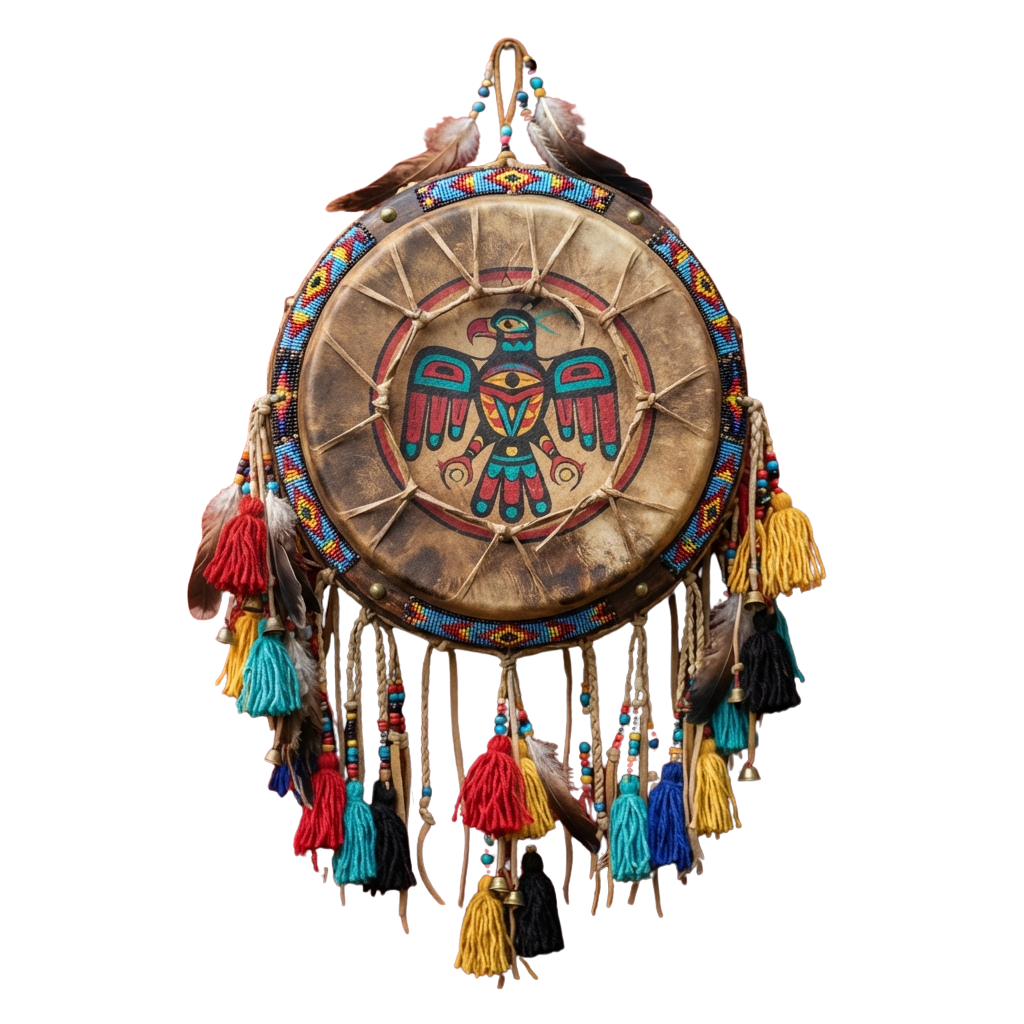 Traditional Native American rattle adorned with colorful feathers, beads, and intricate bird design.