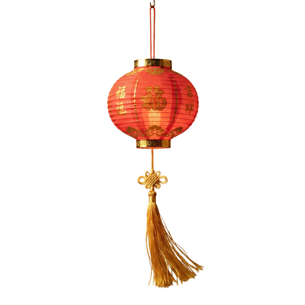 A round red paper lantern with gold Chinese characters and floral designs, hanging by a gold tassel on a black background