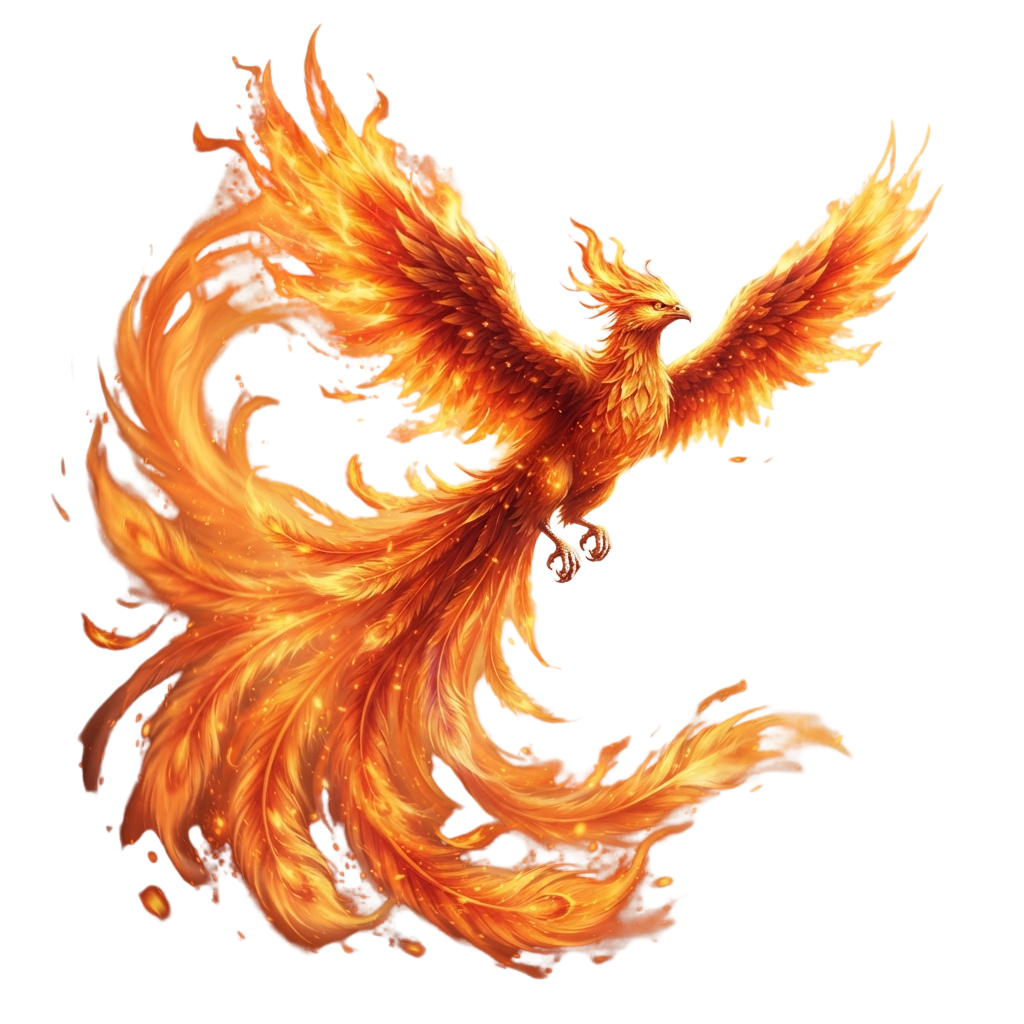 A detailed digital illustration of a fiery phoenix bird with glowing orange flames and outstretched wings