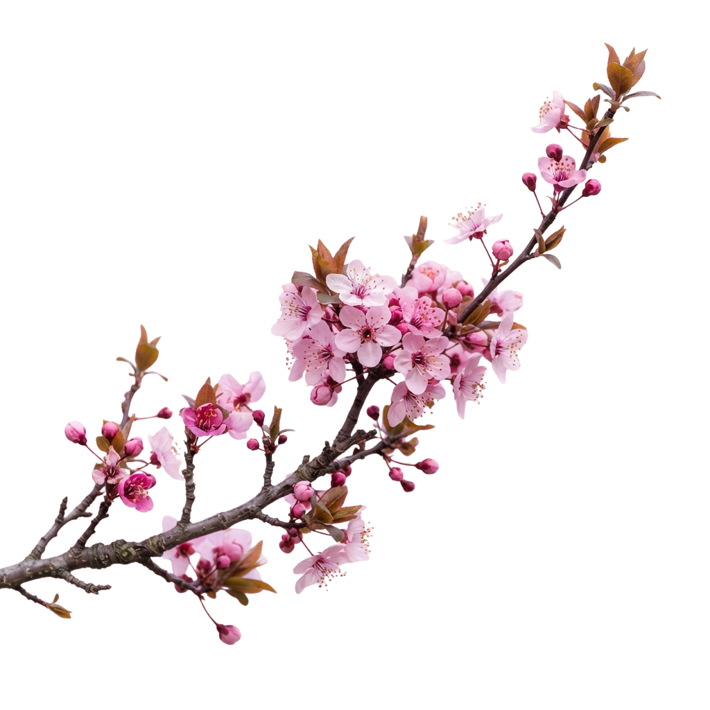 A branch with clusters of delicate pink cherry blossoms and light green leaves against a black background