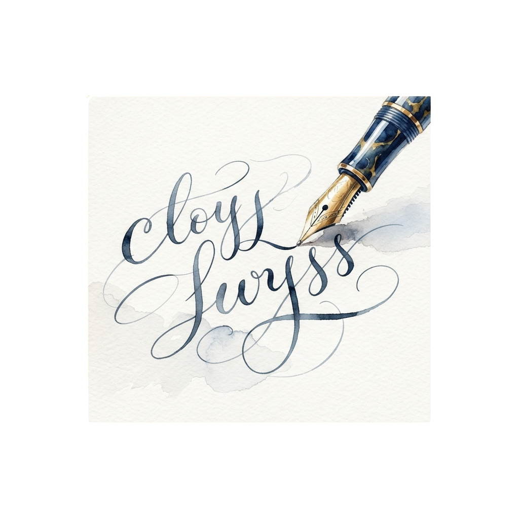 A decorative fountain pen writing the word stylishly in cursive with a watercolor effect background