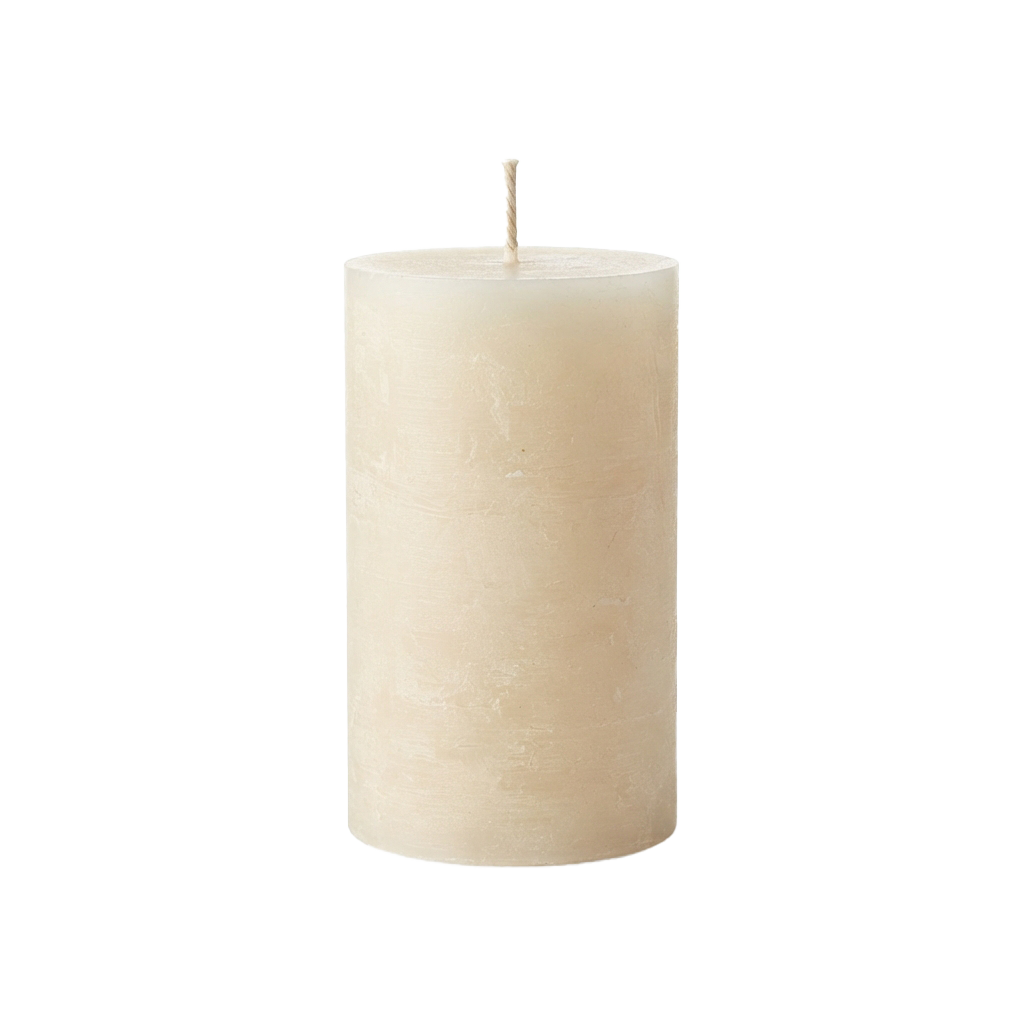 A single unlit beige candle with a wick on top against a black background