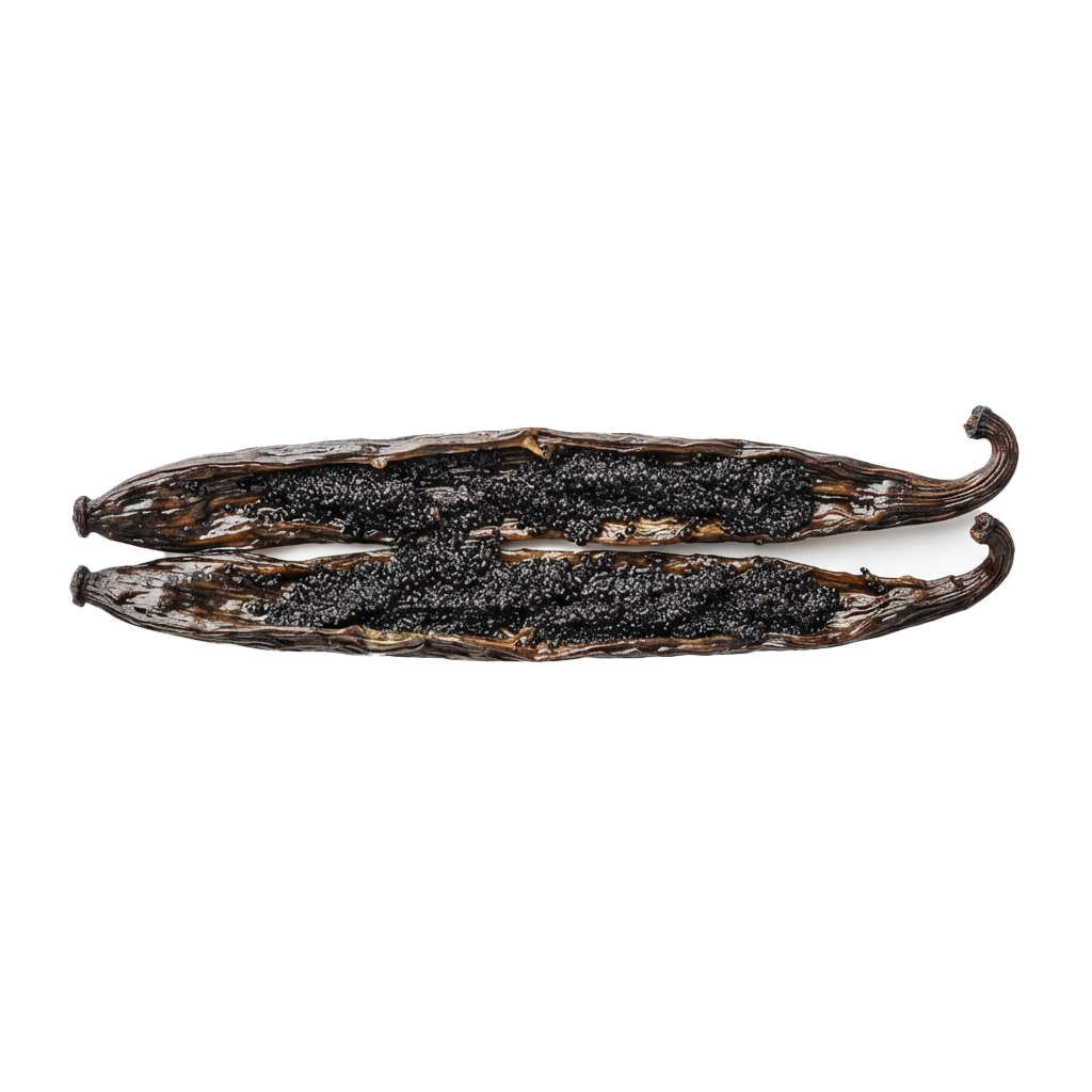 Two halves of fried eggplant filled with black caviar displayed side by side