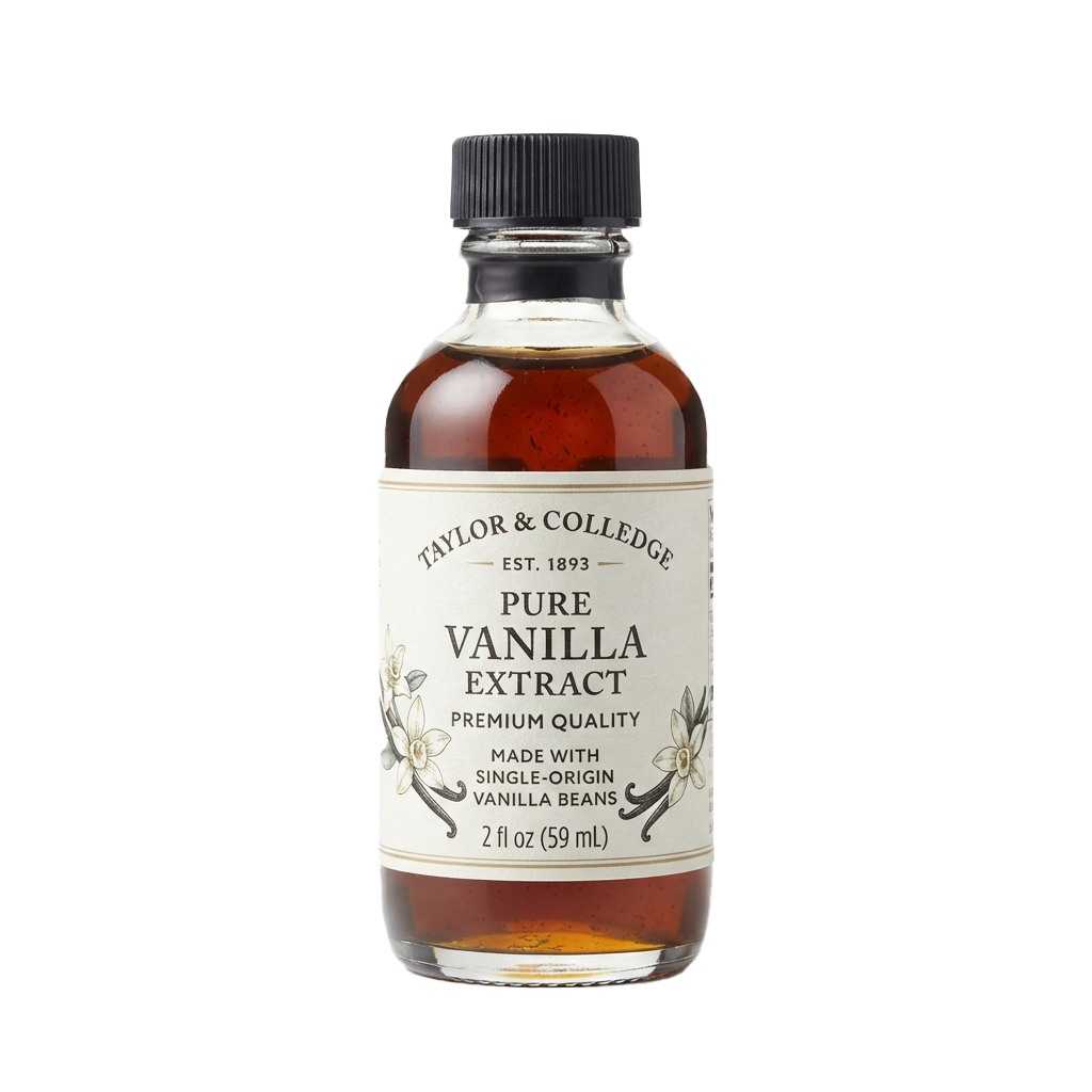A bottle of pure vanilla extract with a black cap and label showing vanilla bean illustrations and text.
