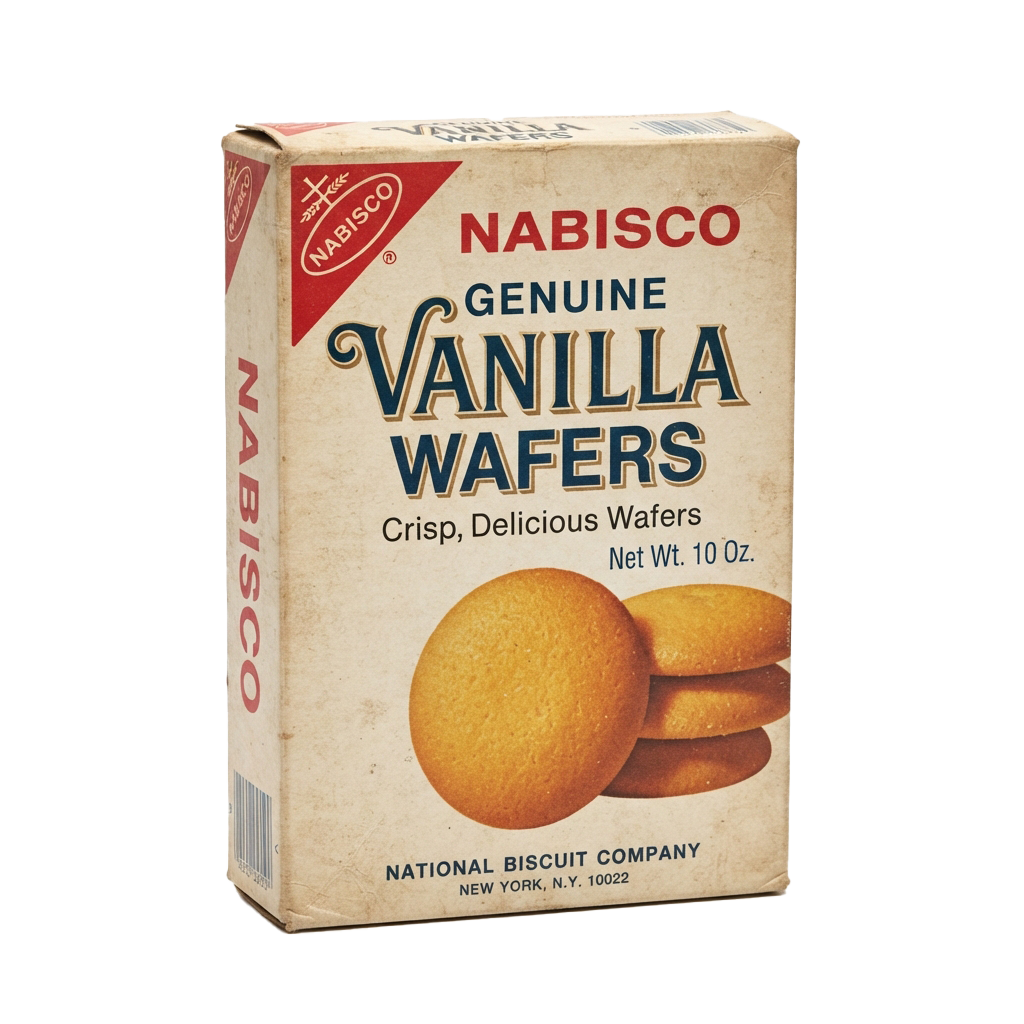 Box of vintage Nabisco vanilla wafers showing crisp, round cookies and product details
