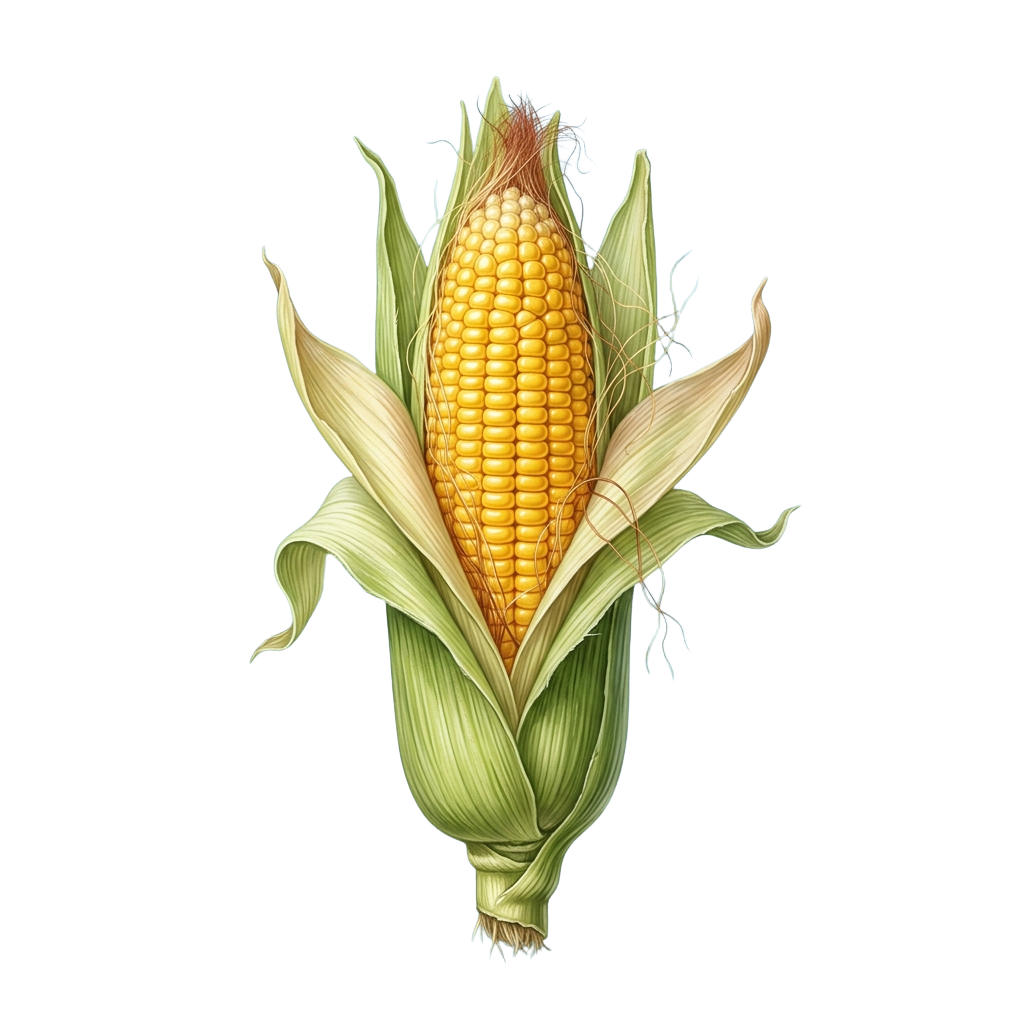 Illustration of a single ear of corn with golden kernels and green husk against a black background