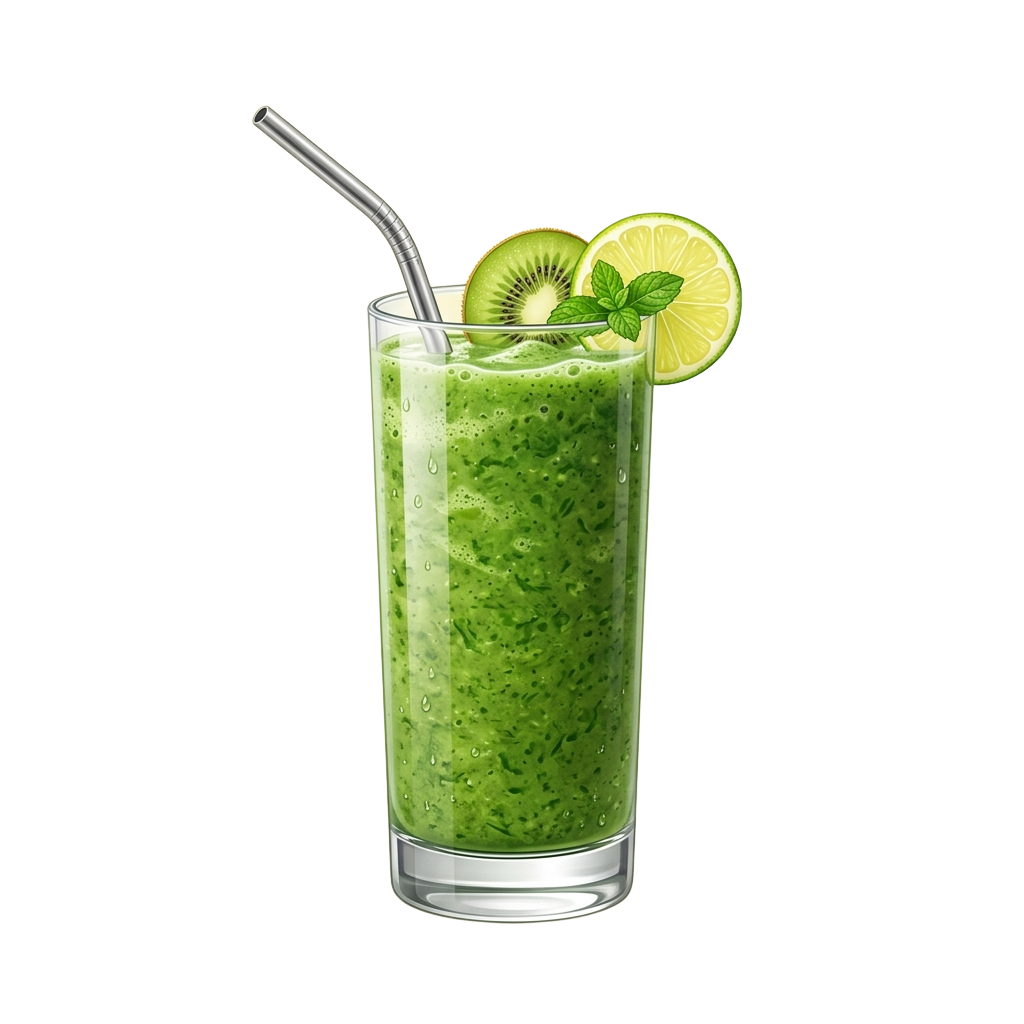 A tall glass filled with green kiwi lime smoothie, garnished with kiwi and lime slices, and a mint leaf, with a metal straw.