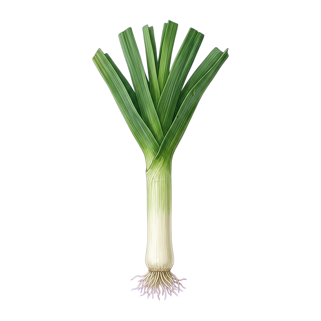 A whole green onion with white bulb and long green leaves against a black background