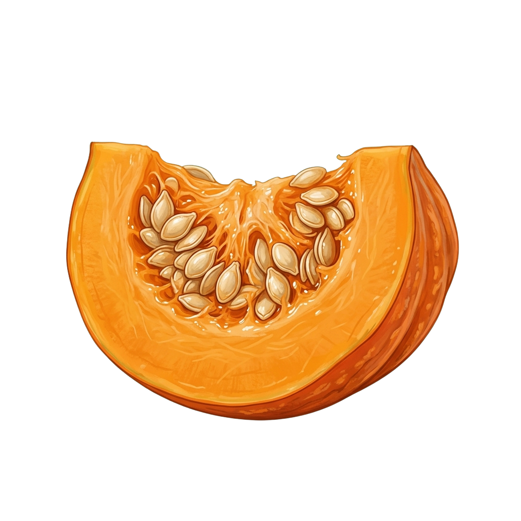 A cut pumpkin revealing its bright orange flesh and flat white seeds inside.