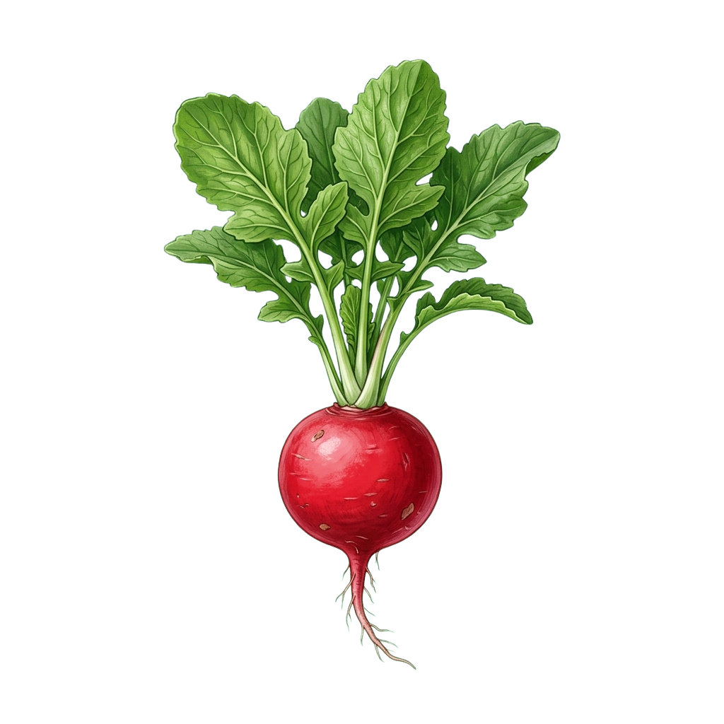 Illustration of a red radish with green leaves and roots against a black background