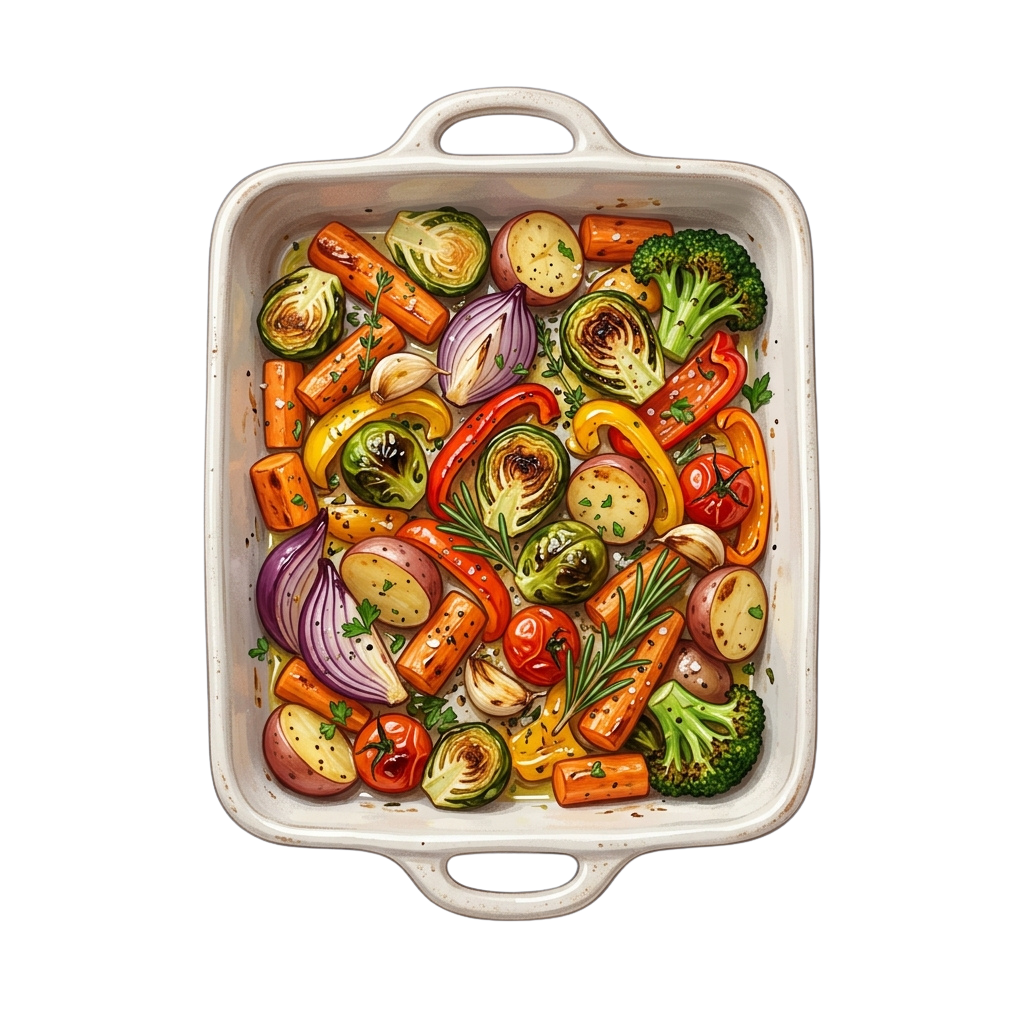 Ceramic baking dish filled with roasted vegetables including carrots, broccoli, tomatoes, and onions