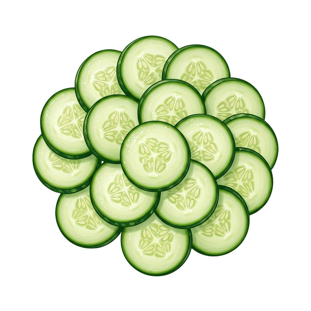 A circular arrangement of sliced cucumbers with visible seeds and green skin