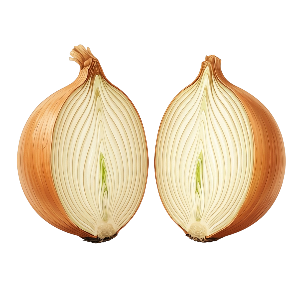 Two halves of a brown onion revealing white layers and green shoot in the center