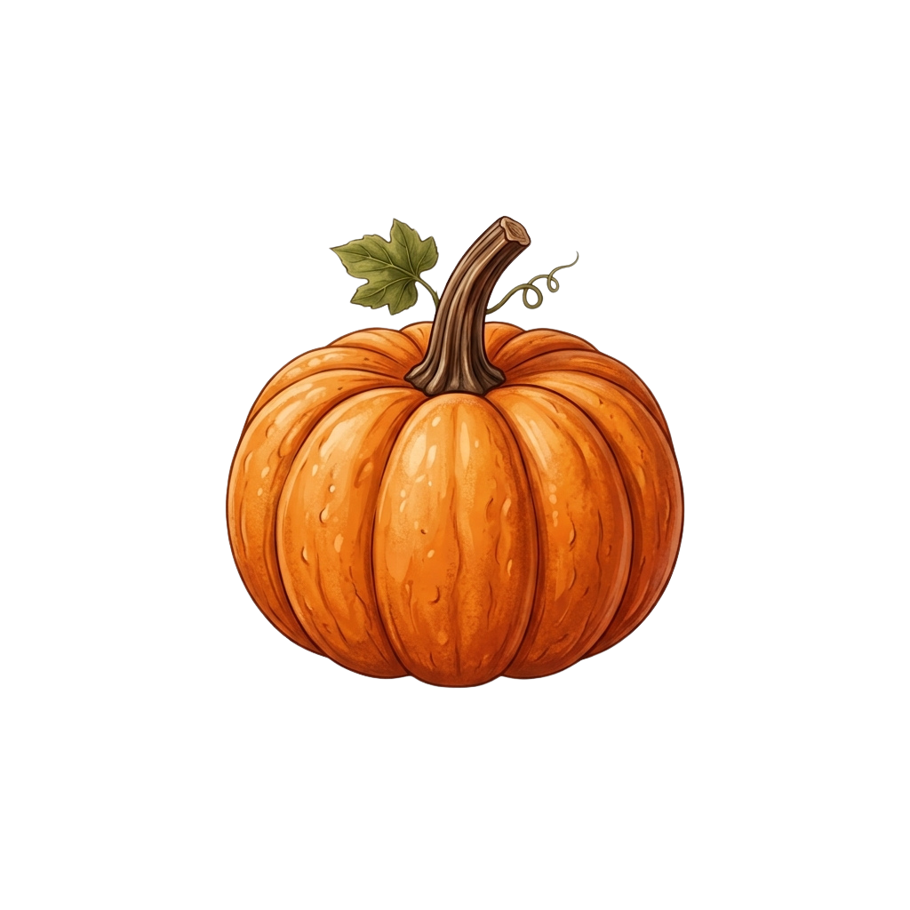 A detailed illustration of an orange pumpkin with a green stem and leaf against a black background