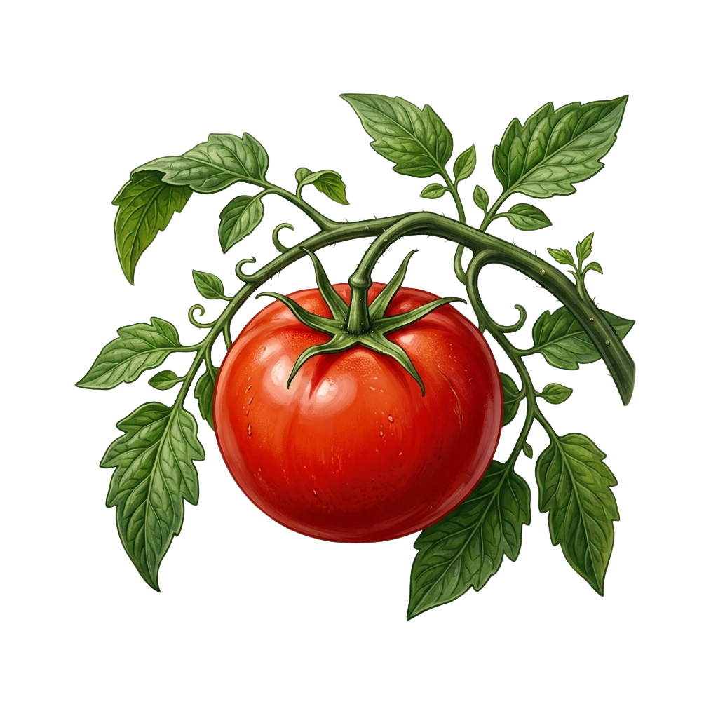 A ripe red tomato attached to a green vine with leaves