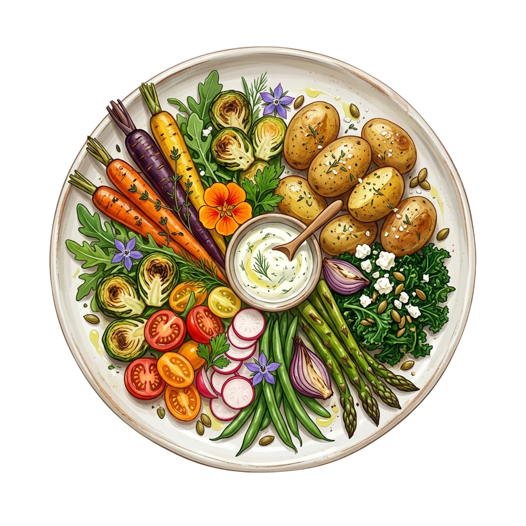 A plate of roasted vegetables including carrots, potatoes, tomatoes, and greens with a creamy dip and herbs.