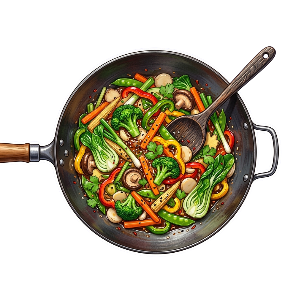 A wok filled with stir-fried vegetables including broccoli, bell peppers, mushrooms, and carrots with a wooden spoon inside.
