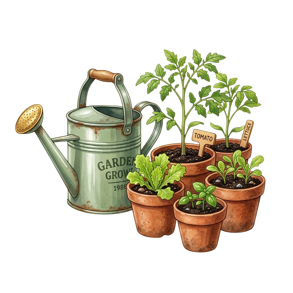 Illustration of a vintage watering can and potted tomato and lettuce seedlings in terracotta pots