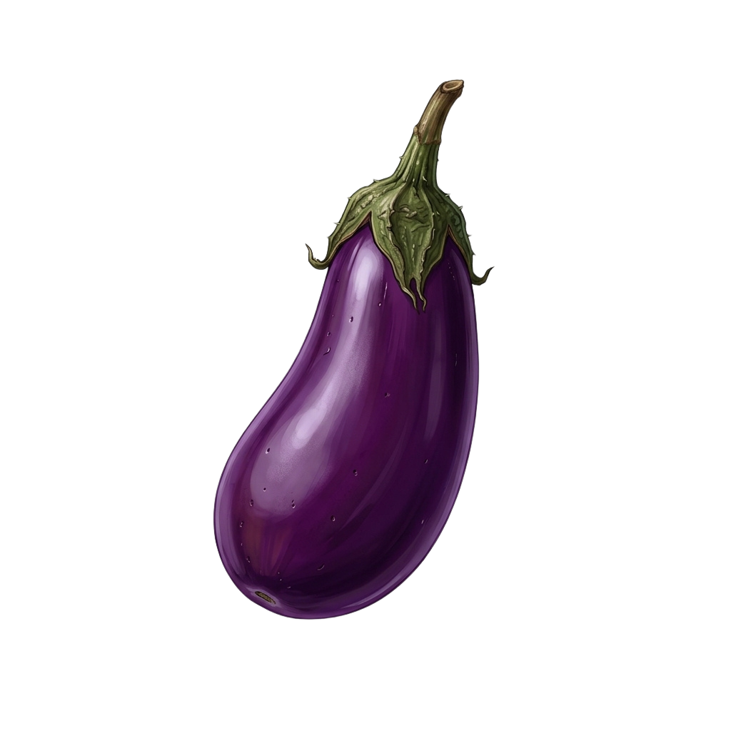 A single purple eggplant with green stem and leaves on a black background