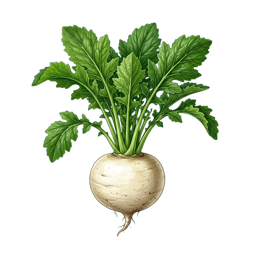 Illustration of a turnip with green leaves and a light brown root.