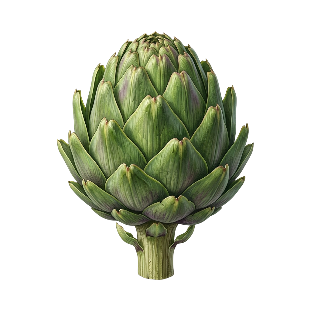 A detailed image of a fresh green globe artichoke with tightly packed leaves and a light green stem.