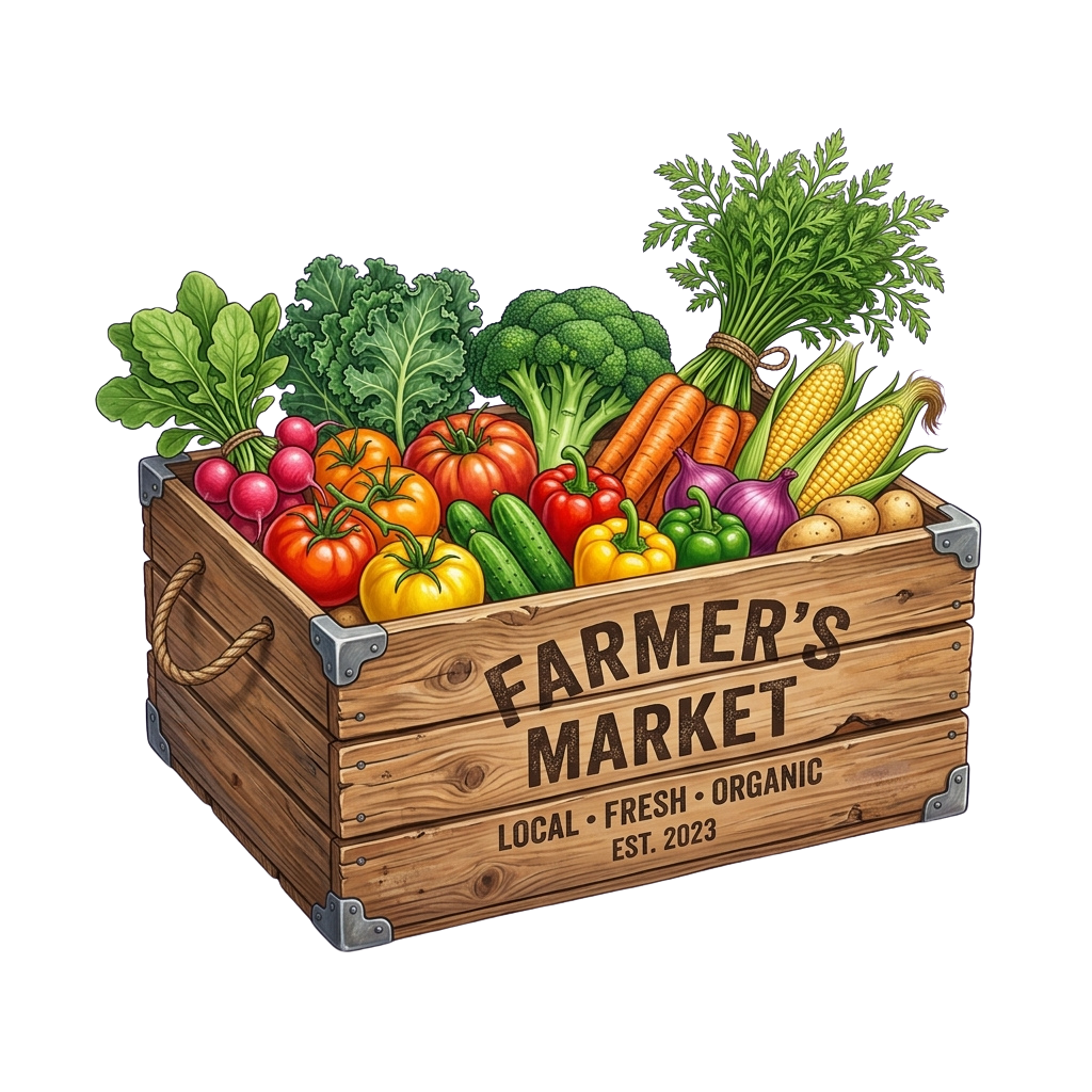 Wooden crate filled with colorful fresh vegetables labeled Farmer's Market Local Fresh Organic Est 2023