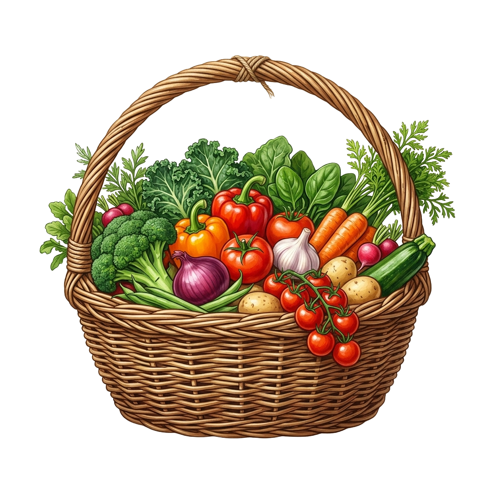 A woven basket filled with a variety of colorful fresh vegetables including tomatoes, carrots, peppers, garlic, onions, and greens