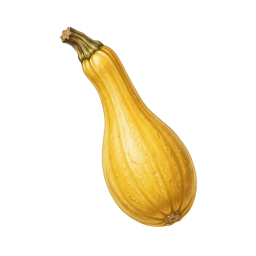 A whole golden acorn squash with a textured yellow skin and green stem.